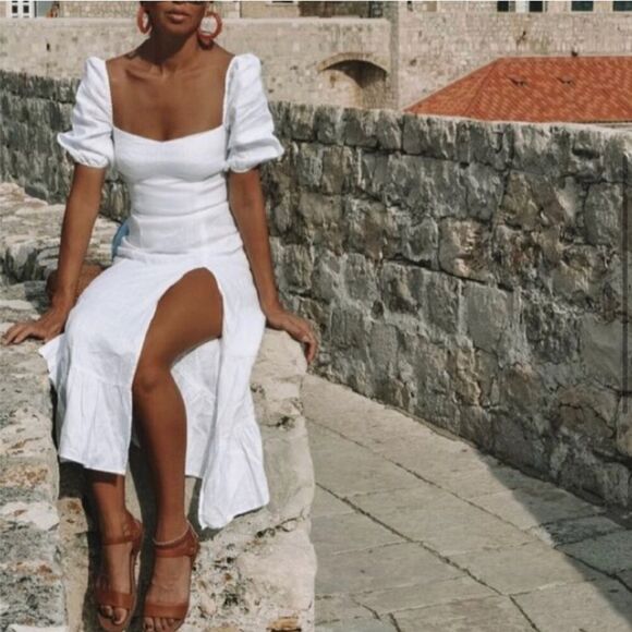 Reformation Belgium Linen Midi Dress 2 White Classic French Causal Wedding Chic - Picture 2 of 15